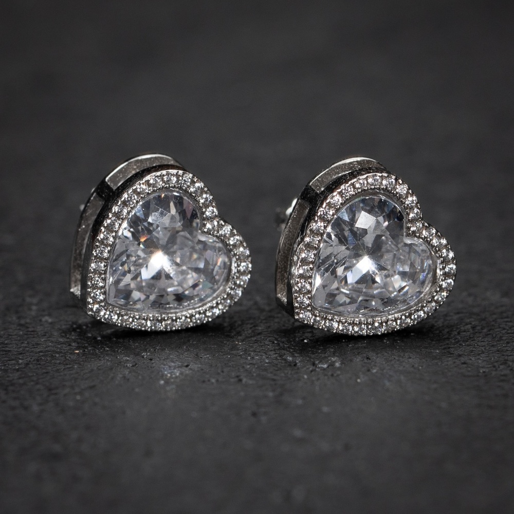 White Gold Heart Shaped CZ Sterling Silver Pretty Womens Stud ScrewBack Earrings